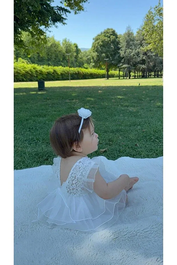 Детское боди-комбинезон для девочек кружевной Bonita lace baby girl romper with bow on the back Ministok, White — фото 3