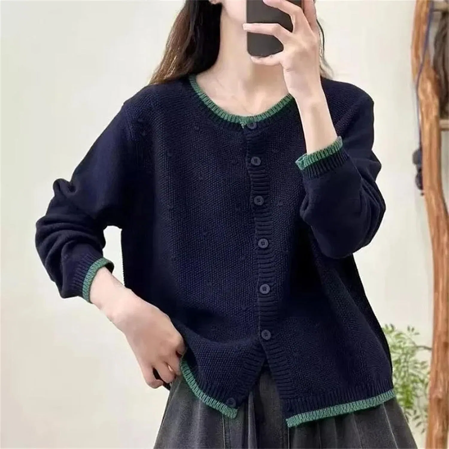 Женский кардиган с длинным рукавом, Vintage All-Match Chic Patchwork, зелёный — фото 3