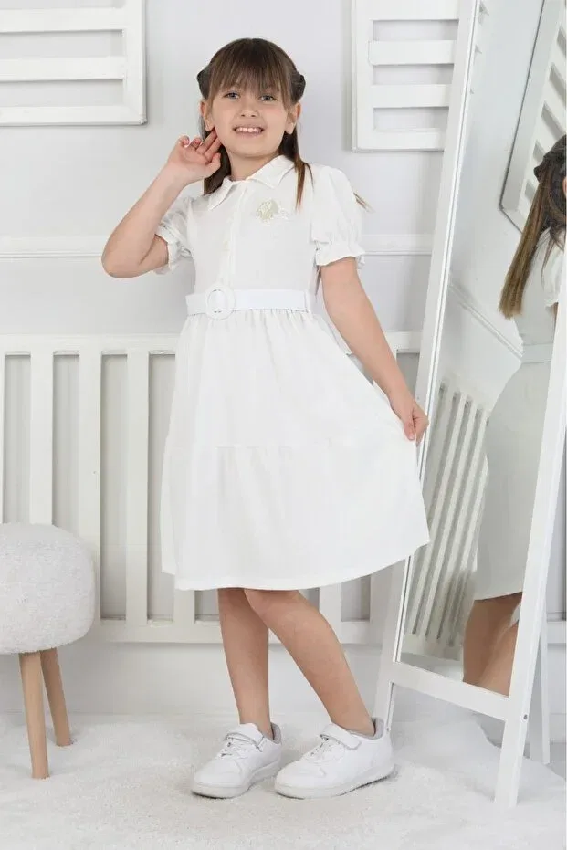 Детское платье для девочек с принтом Belted Wrinkled Fabric Eid Children's Dress Abiyekids, White — фото 2