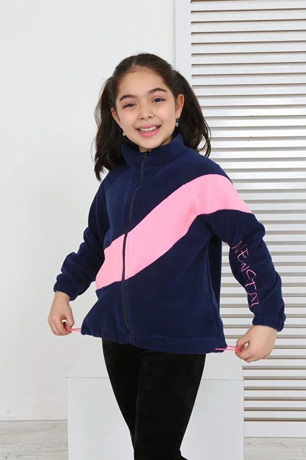 Детский кардиган с воротником-стойкой, цветной блок, модель Girl'S Stand Collar Zippered Color Block Raglan Sleeve Fleece Cardigan - Adjustable Elastic Waist, Toontoy, Navy Blue — фото 3