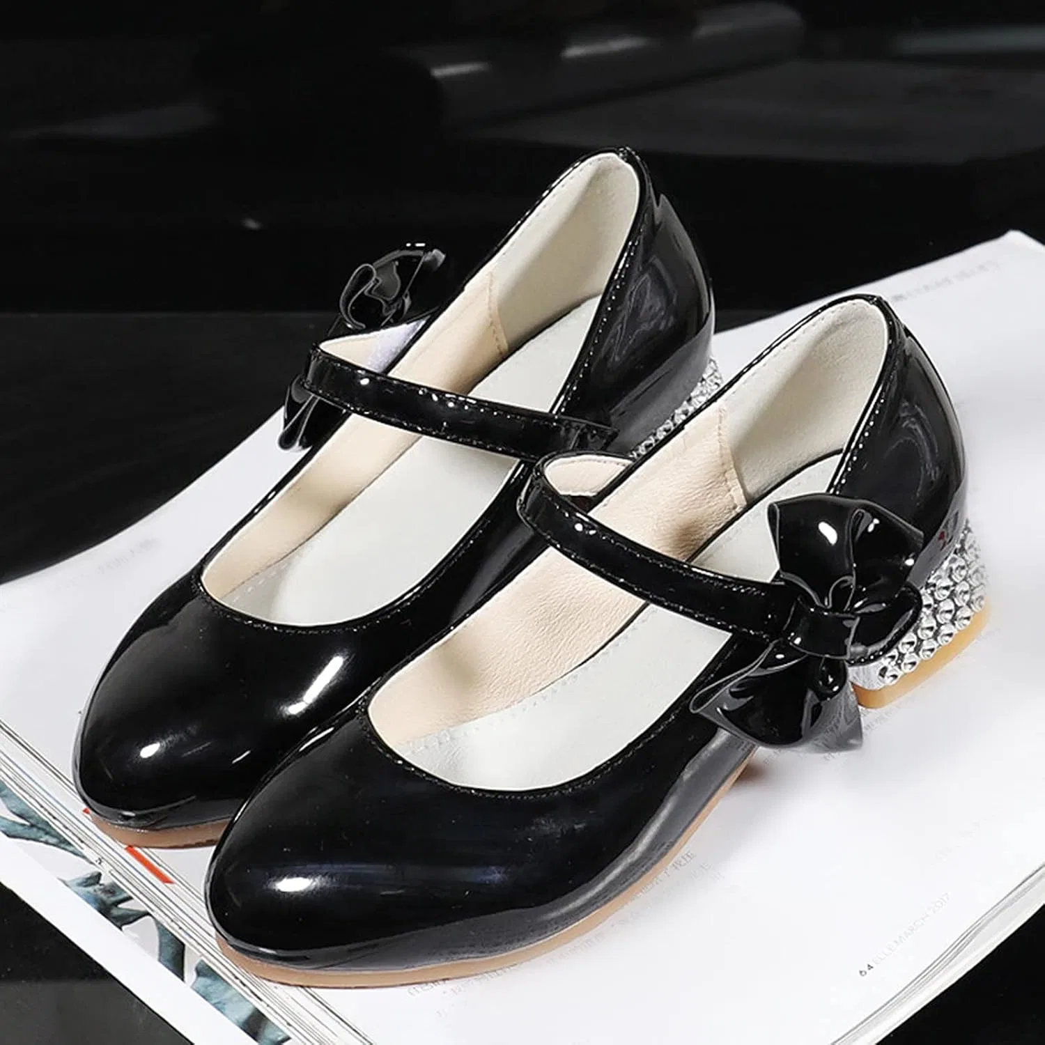Детские туфли для девочек с бантом Mary Jane Flat Princess Wedding Party Bowknot Child Little/Big Kids School Low Heel Rhinestone Egmy, Black — фото 2