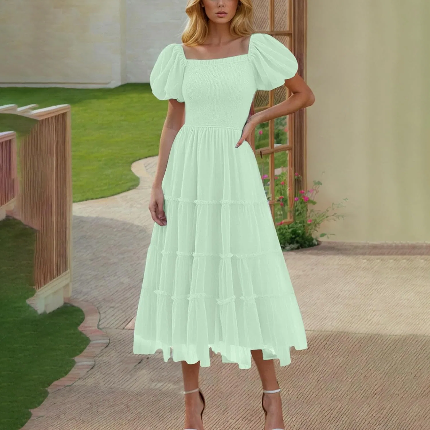 Женское летнее макси-платье с V-образным вырезом и эластичной талией, Mint Green — фото 3
