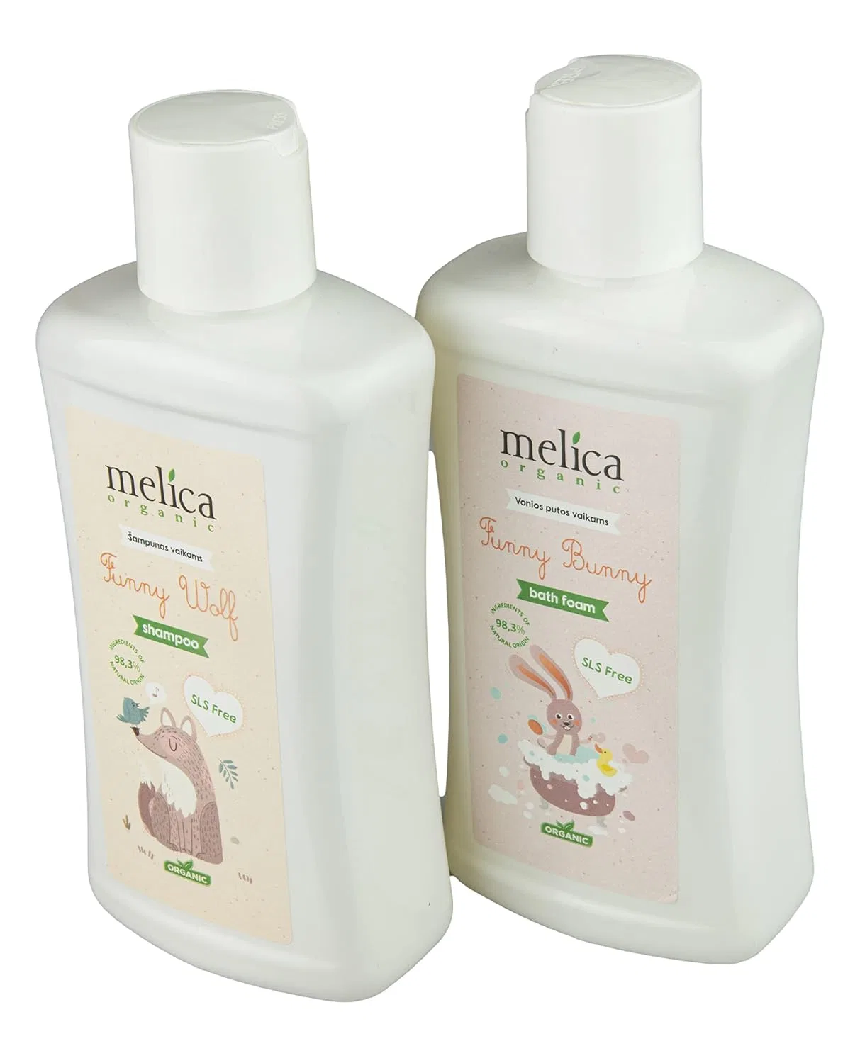 Детская пенка для ванны и шампунь Organic Funny Bunny Bath Foam and Funny Wolf Baby Shampoo, Melica, 600 мл, Citrus