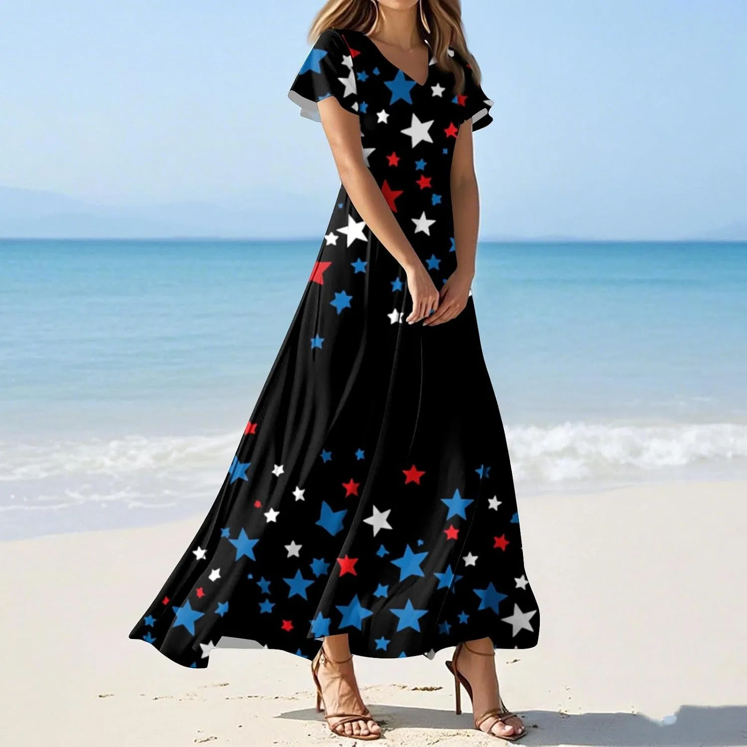 Женское макси-платье с принтом звезд, Patriotic Dress, Black — фото 2