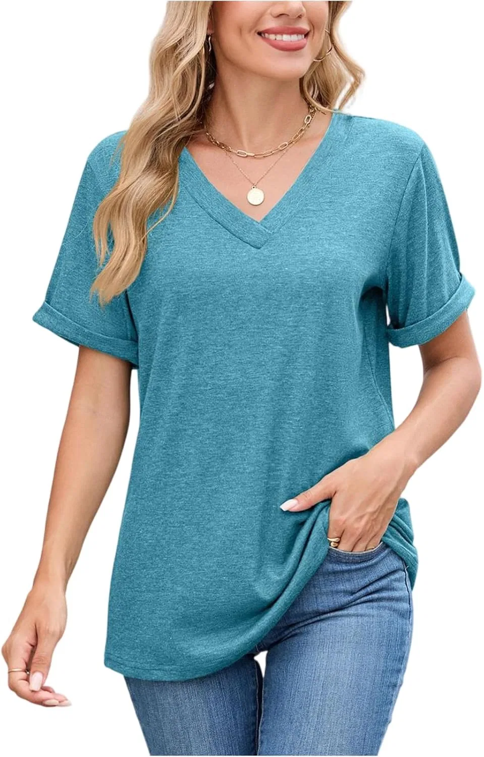 Женская футболка с V-образным вырезом и короткими рукавами, Loose Fit, Blue