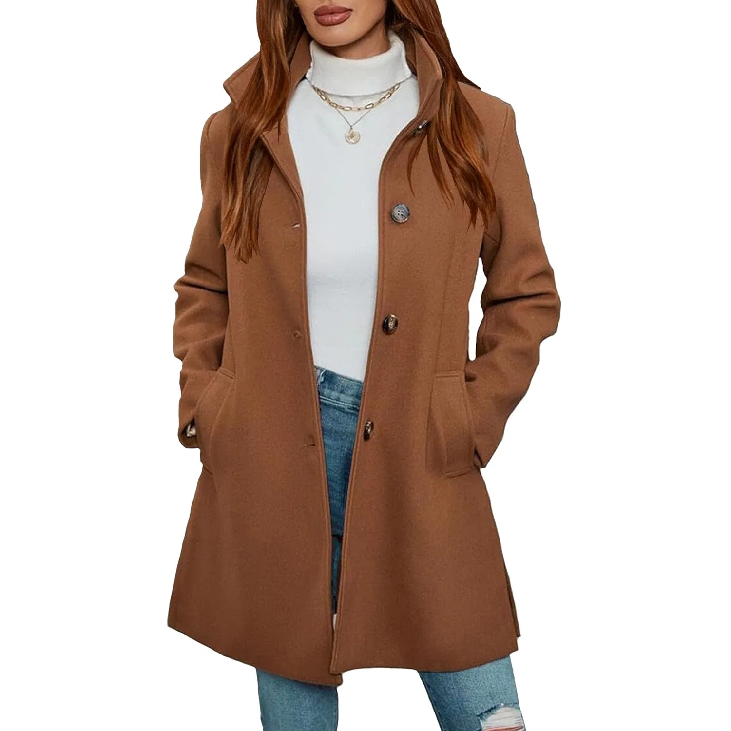 Женское зимнее пальто однобортное шерстяное с лацканами, brown