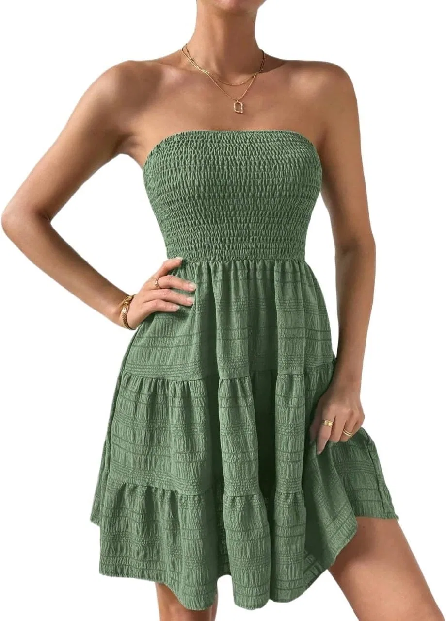 Женское повседневное платье A-силуэта с воланами Sleeveless Tiered Ruffle, Army Green