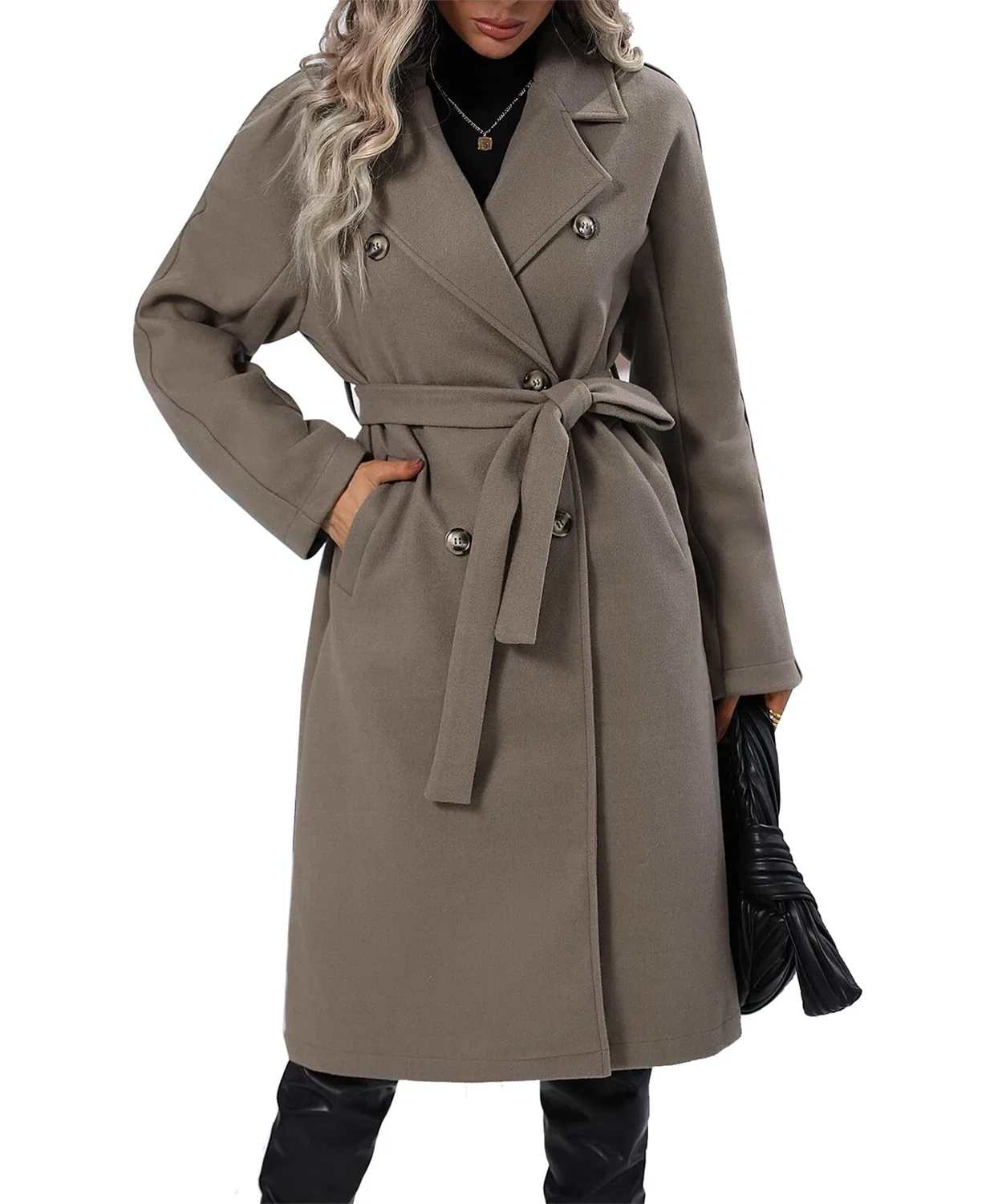 Женское пальто с двубортной застежкой и поясом, модель Elegant Casual Winter Warm Coat, Grigio