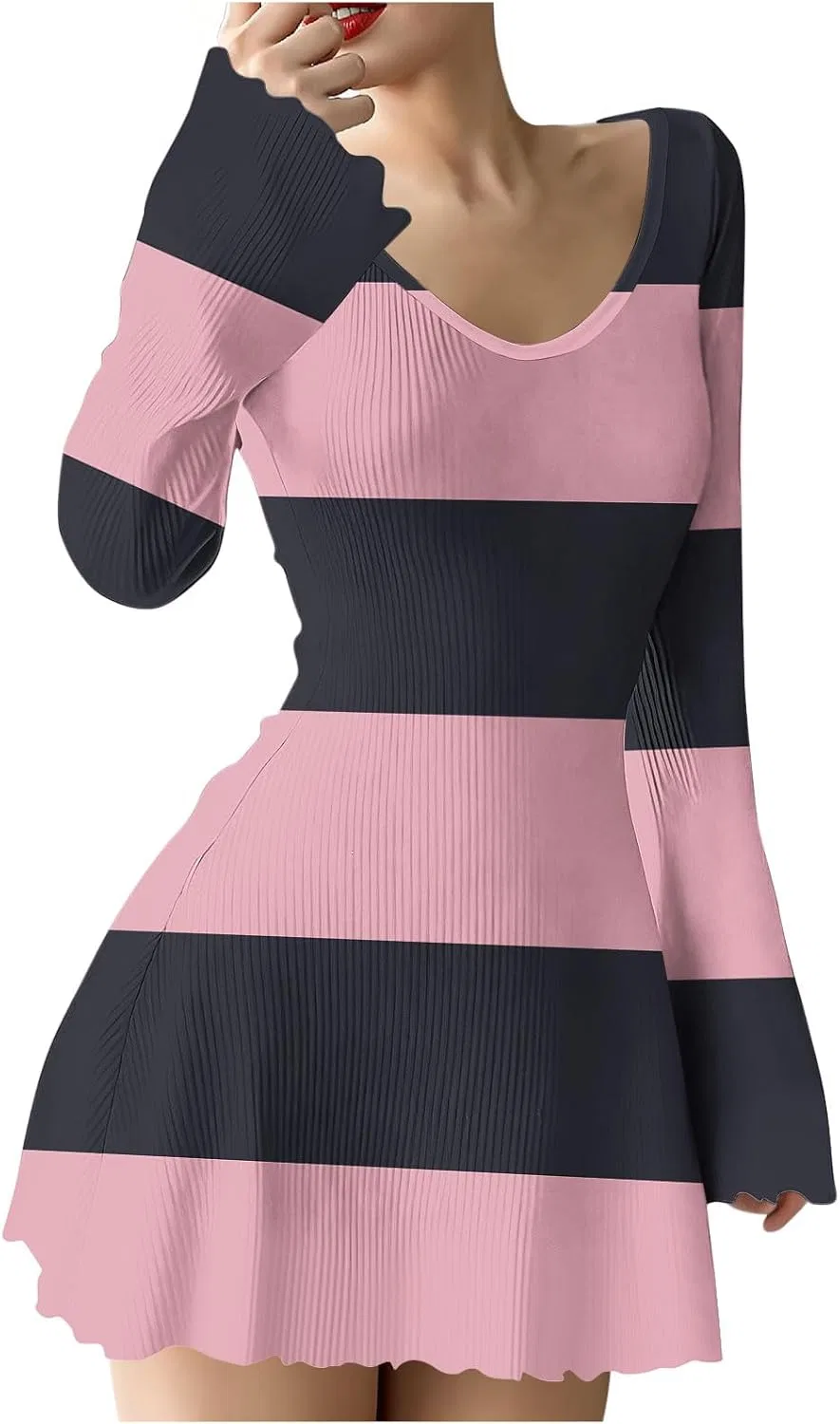 Женское полосатое платье-свитер Casual Long Sleeve V Neck, Pink
