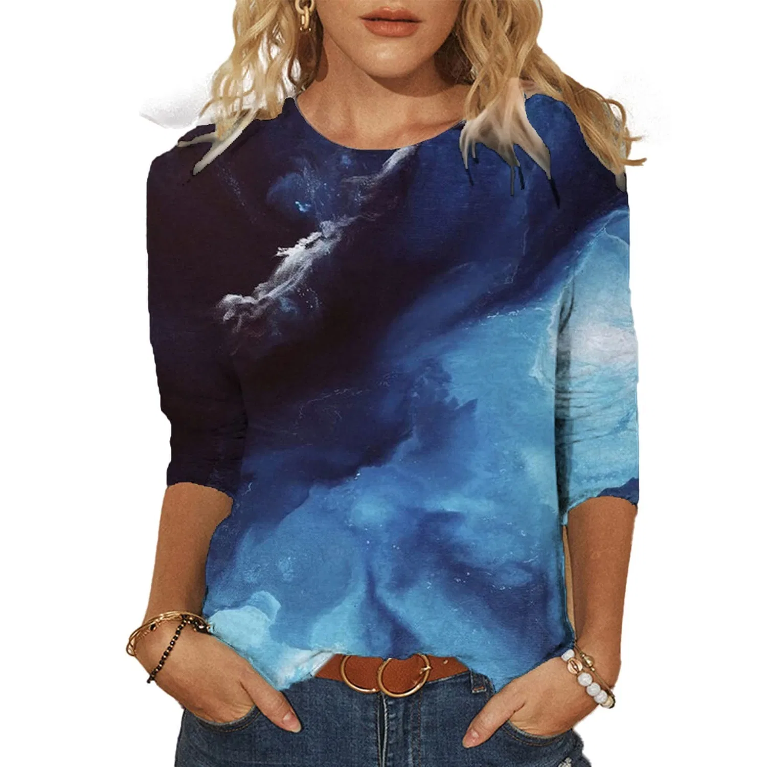 Женская футболка с V-образным вырезом Colorful Gradient Geometric Print Sweater Set, Navy-2