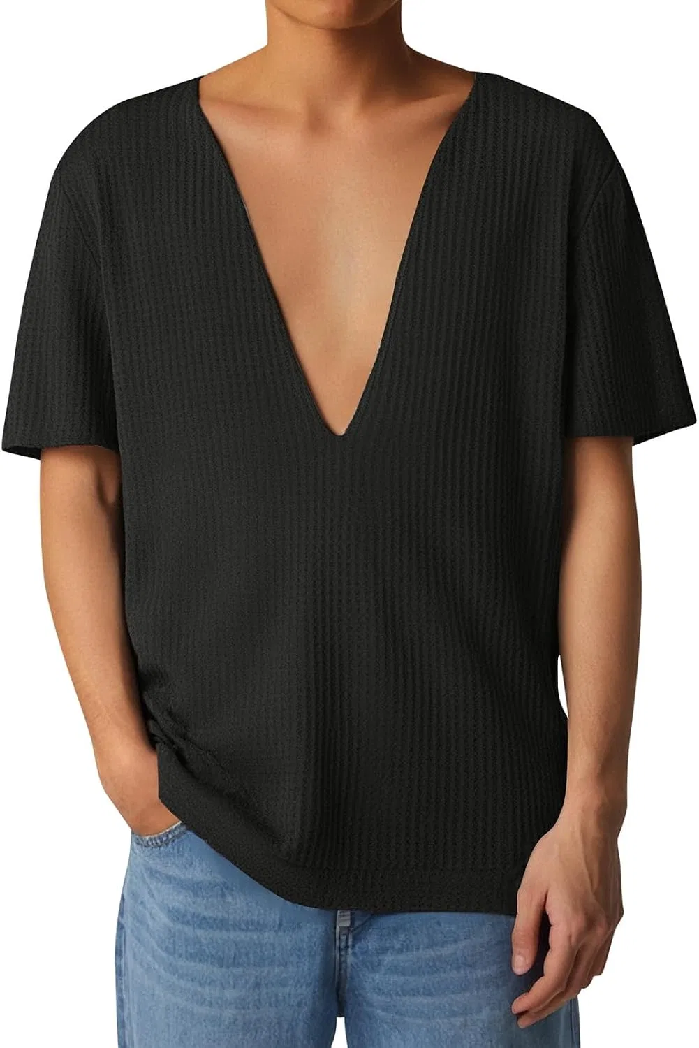 Мужская футболка с вертикальной полоской V-neck Generic, Black — фото 2