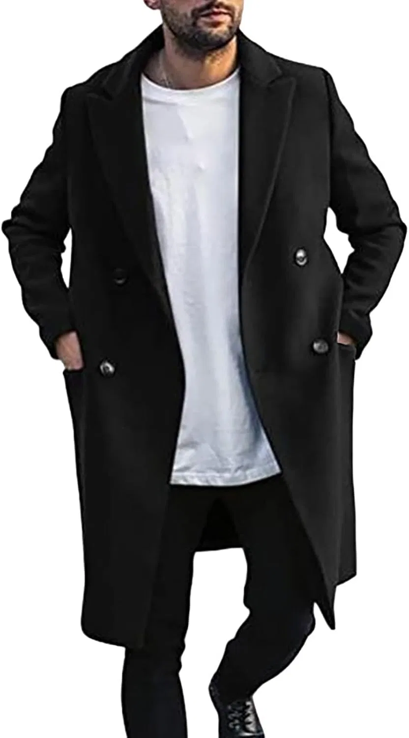 Мужское пальто-тренч с двубортной застежкой, classic winter woolen outerwear, чёрный