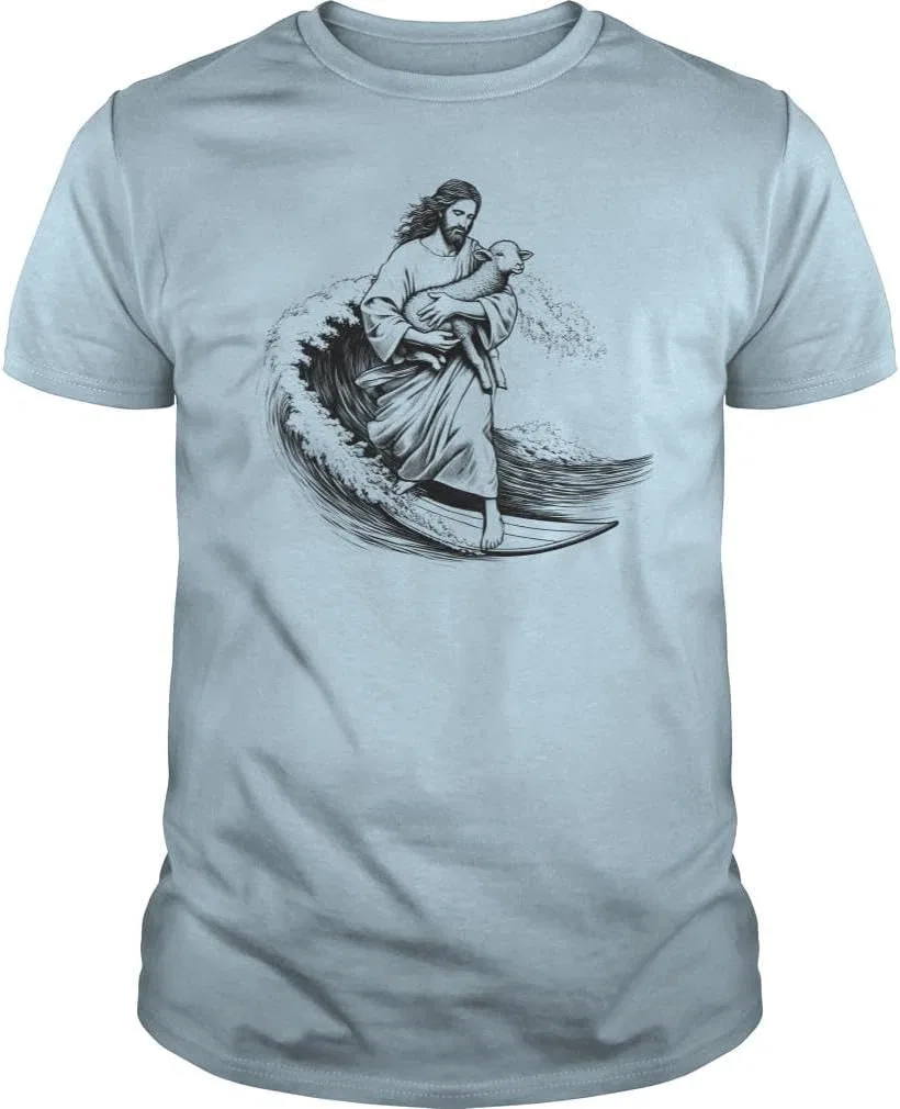 Мужская футболка с принтом Jesus Surfing, светло-синий