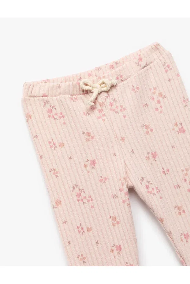 Детские леггинсы для девочек с принтом Floral leggings with lace-up waist Koton, Ecru Patterned — фото 3