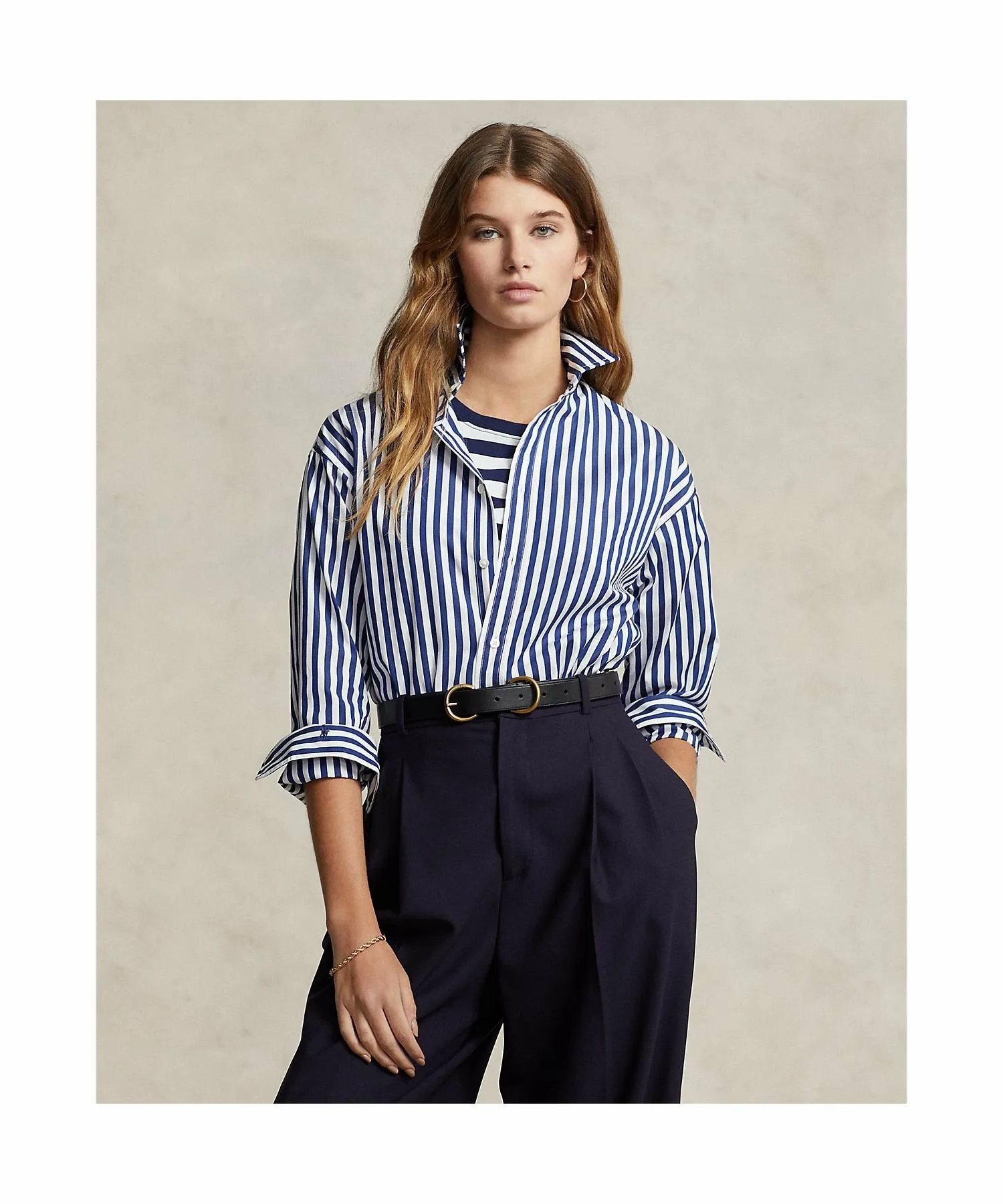 Хлопковая рубашка свободного кроя с контрастными полосами Polo Ralph Lauren, 400 Blue