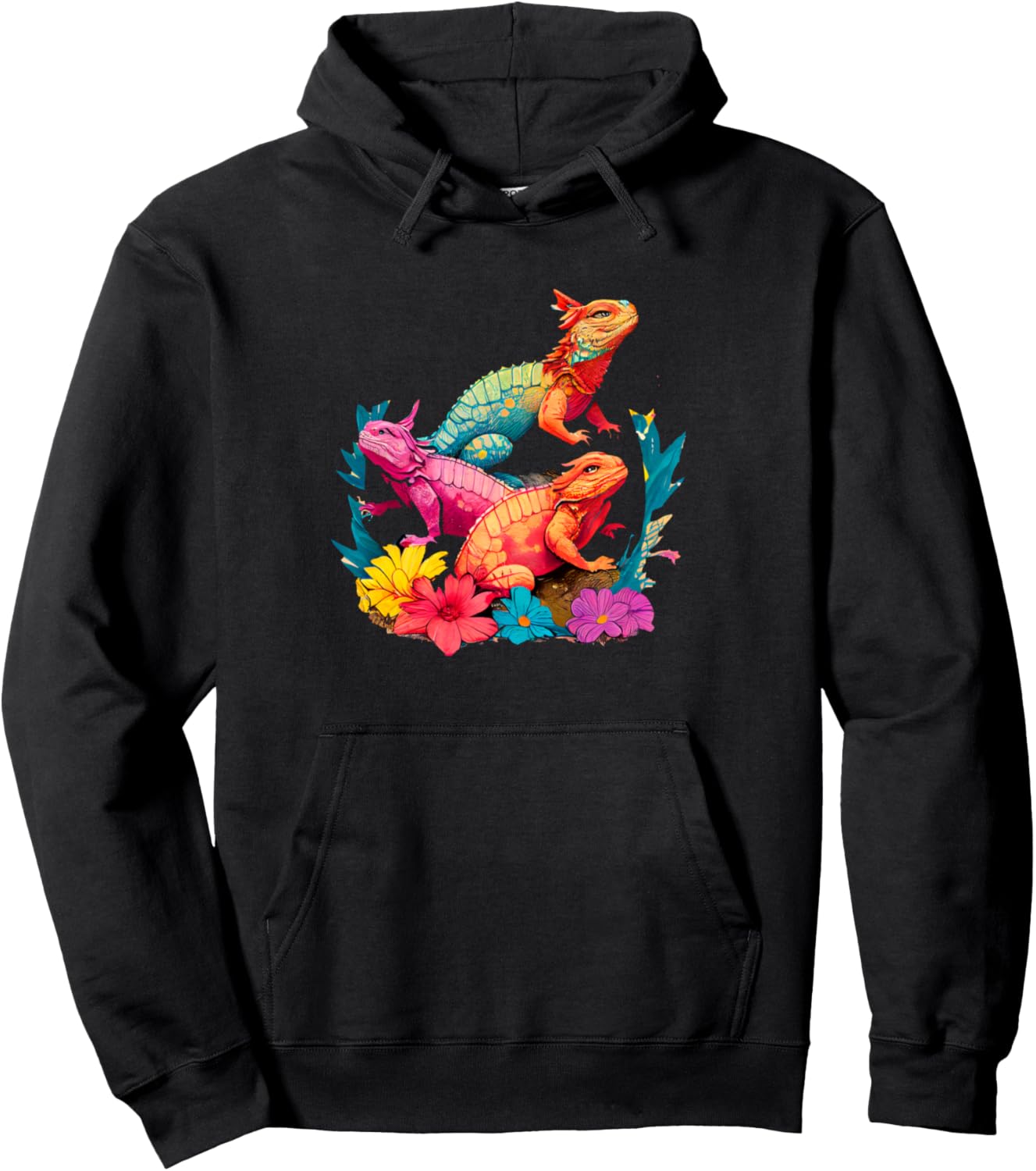 

Красочный рисунок животного - яркой игуаны. Толстовка Colorful Reptile Enthusiast Vibrant Animal Art, черный