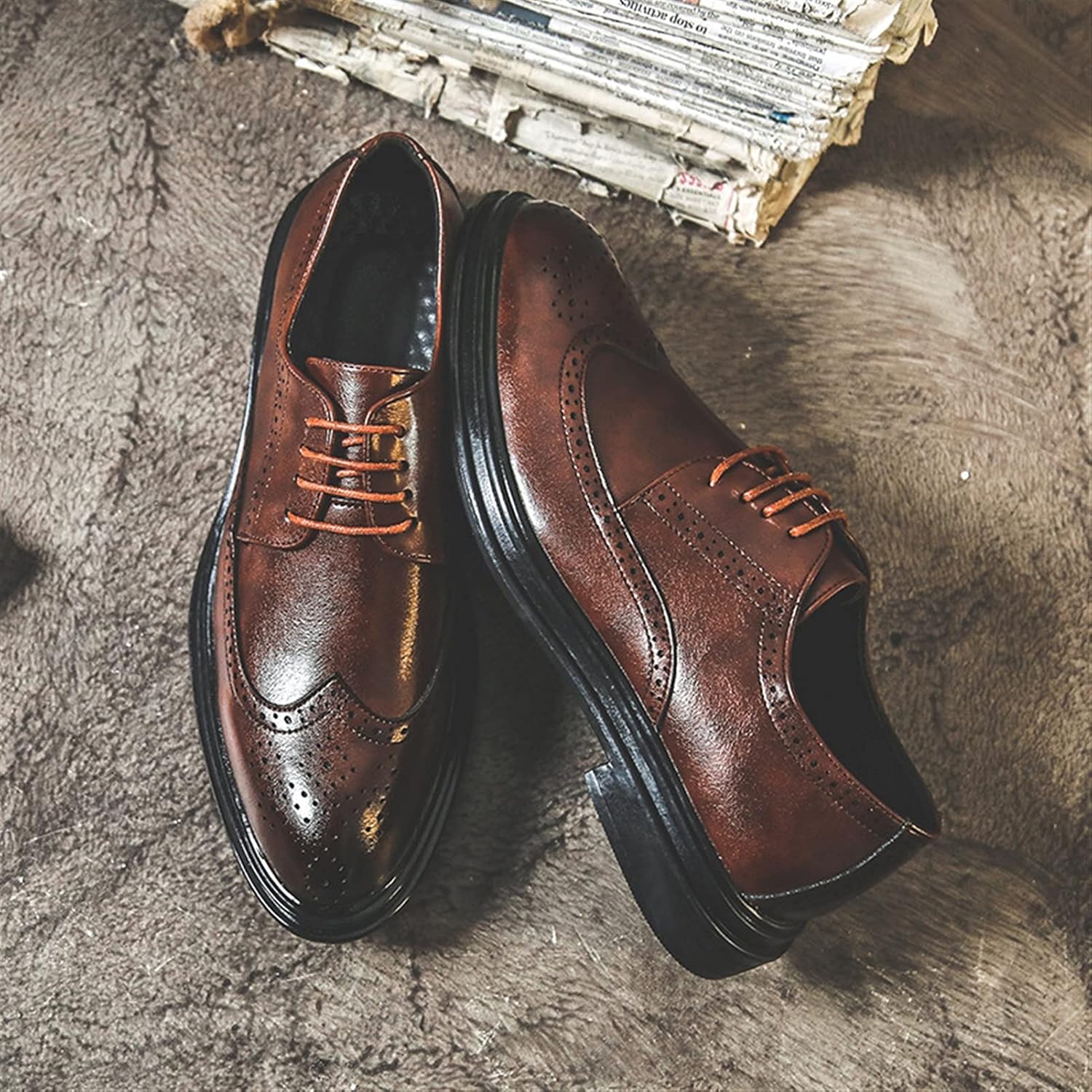 Мужские туфли EVSER Dress Oxford с шнуровкой Derby, броги с тиснением, с крылышком, закругленный блестящий носок, противоскользящая резиновая подошва, низкий профиль (Цвет: коричневый, Размер: 8.5) — фото 3