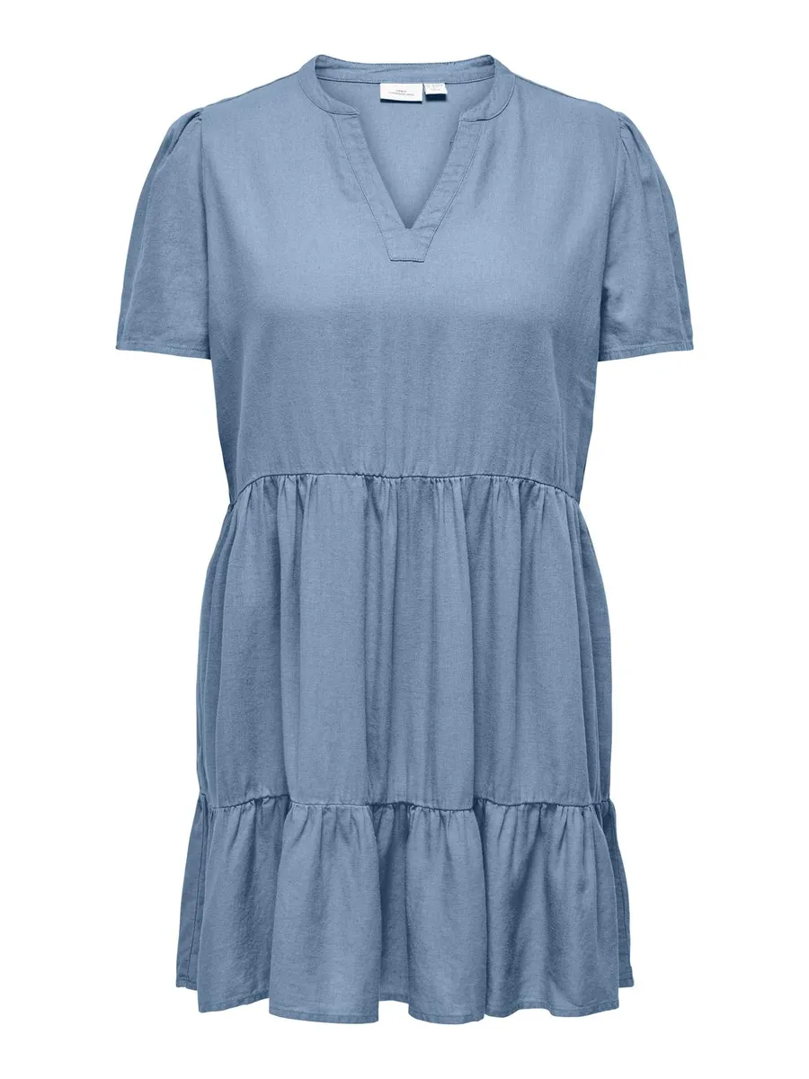 

Мини-платье ONLY CARMAKOMA "CARTIRI-CARO S/S V-NECK LIN DRESS TLR" с воланом в стиле туники, синий