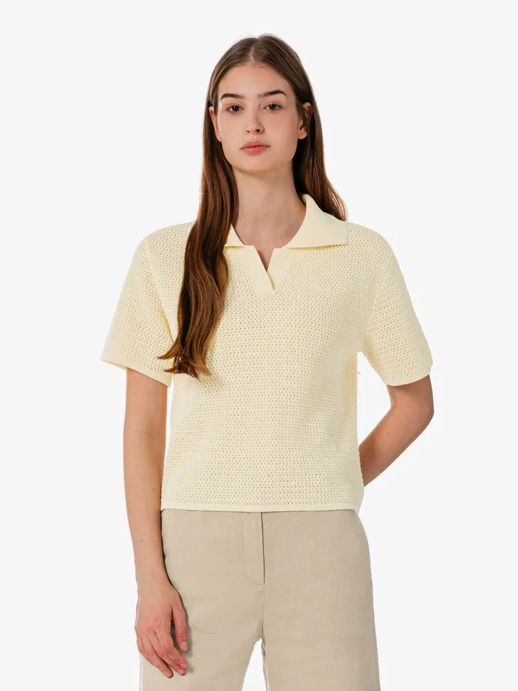 Свитер-поло женский LACOSTE Ivory, вязаный, с ажурной вязкой — фото 2