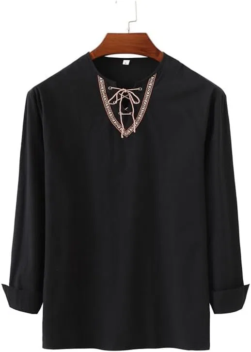 Мужская хлопковая рубашка с кружевной шнуровкой Renaissance Pirate Viking Tunic, Black — фото 2