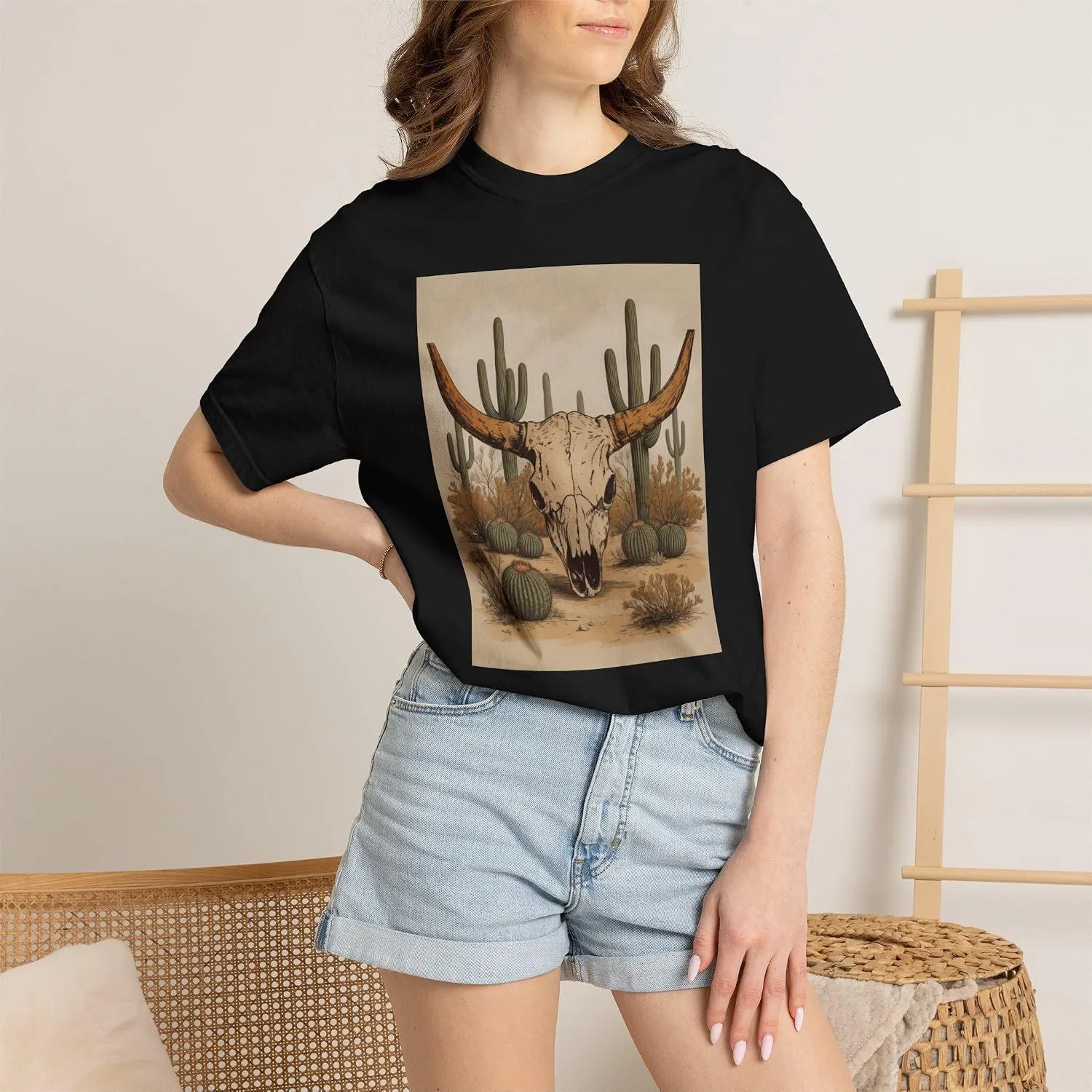 Женская футболка с принтом Desert Longhorn Skull, чёрный — фото 2