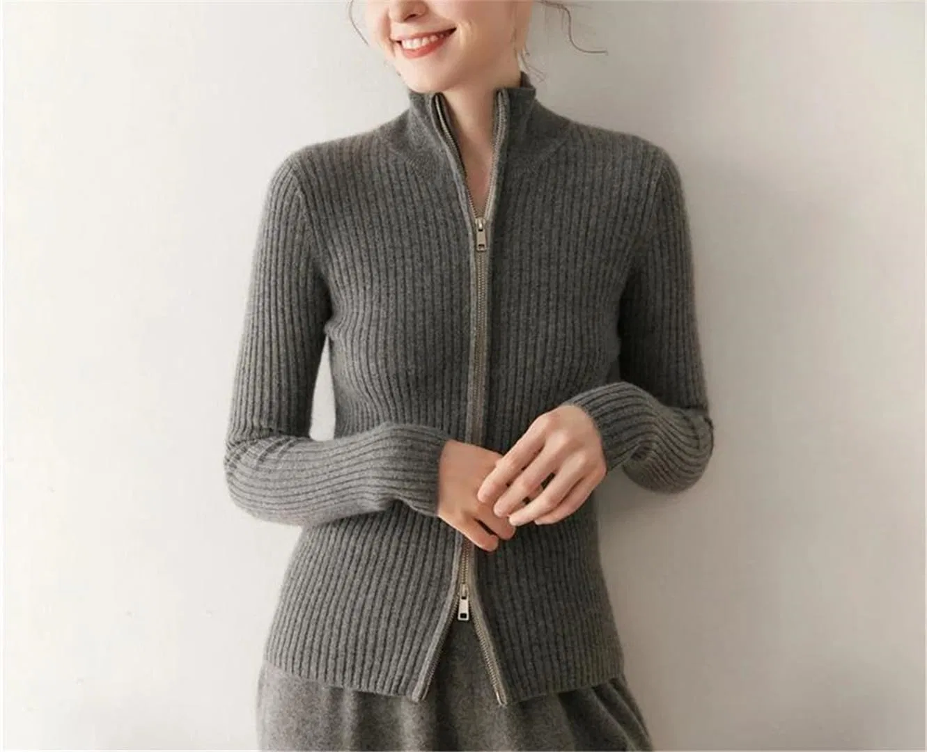 Женский кардиган с молнией, 100% кашемир, Slim Fit, чёрный — фото 2