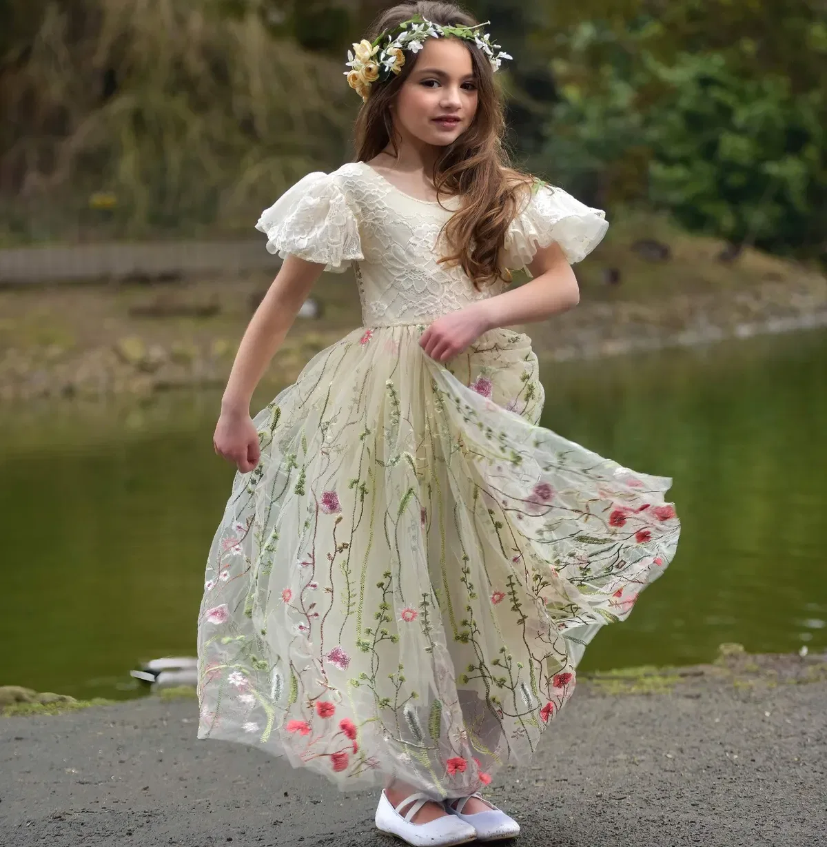 Платье с принтом Whispering Poppy Uk Flower Girl Boutique, Cream — фото 2