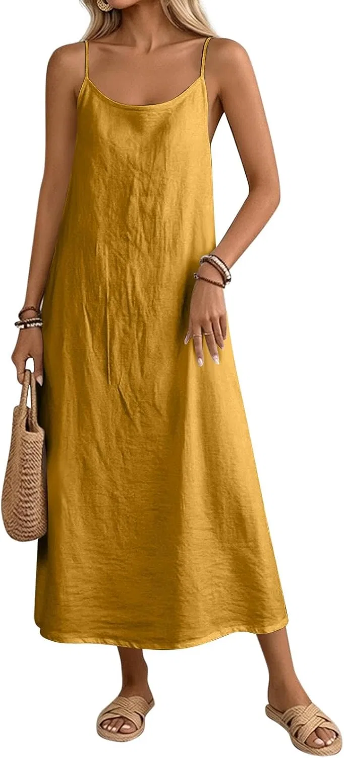 Женское летнее макси-платье на бретелях Cotton Linen, Yellow