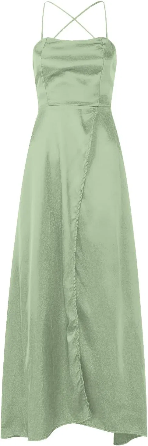 Женское длинное платье на бретелях с карманами Satin Halter, Green — фото 3