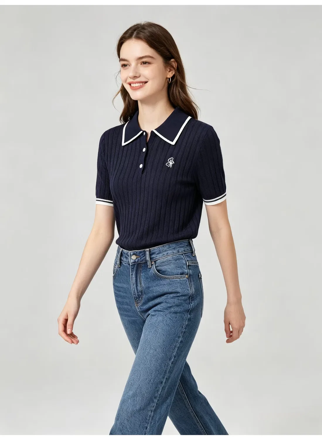 Топ поло с коротким рукавом в рубчик с контрастной отделкой Zara, темно-синий — фото 2