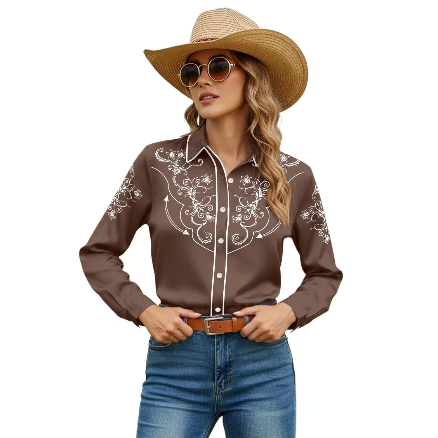 Женская блузка с принтом Cowboy Print, короткий рукав, Brown