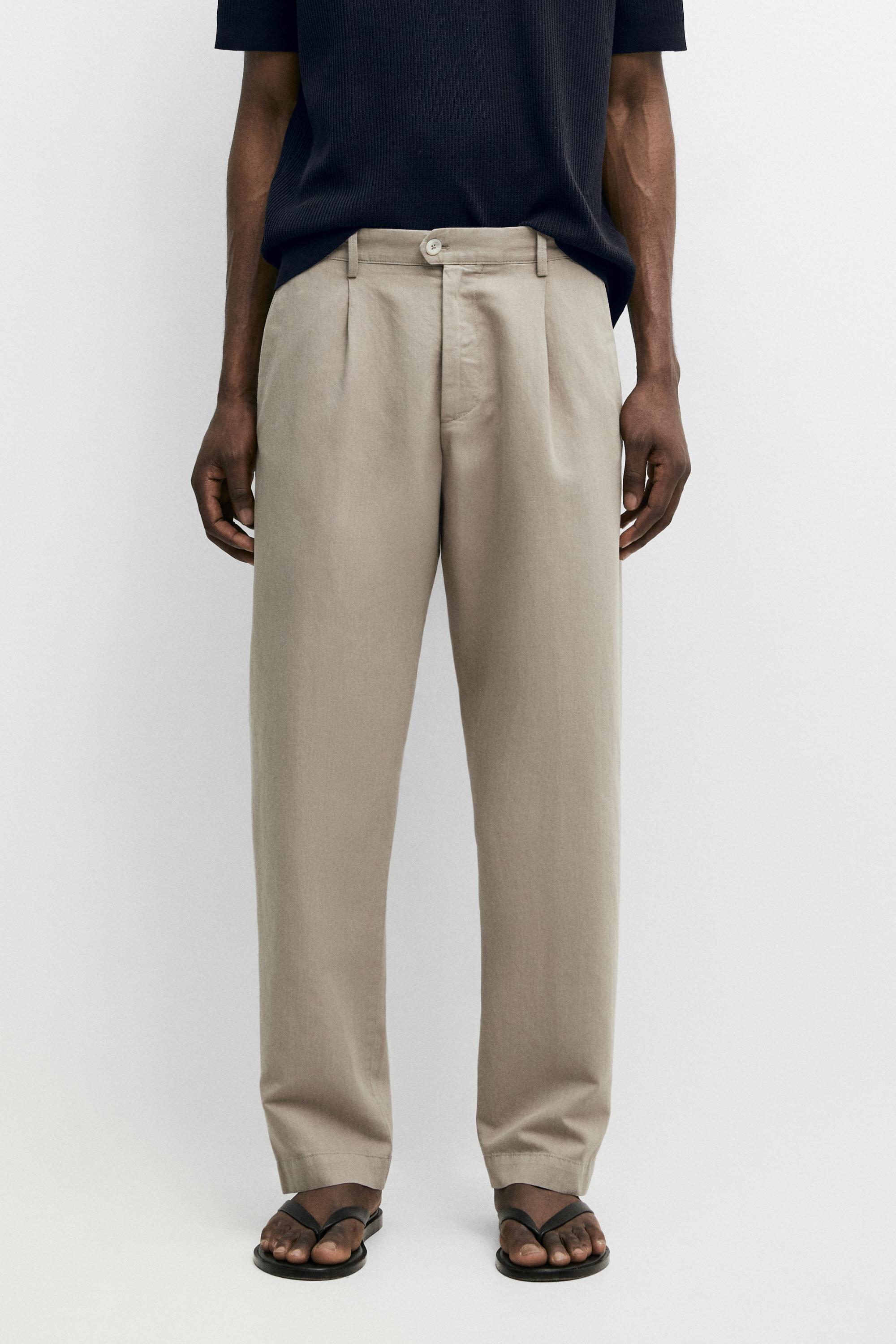 Брюки Massimo Dutti Straight-leg Linen And Cotton With Darts, бежевый — фото 3