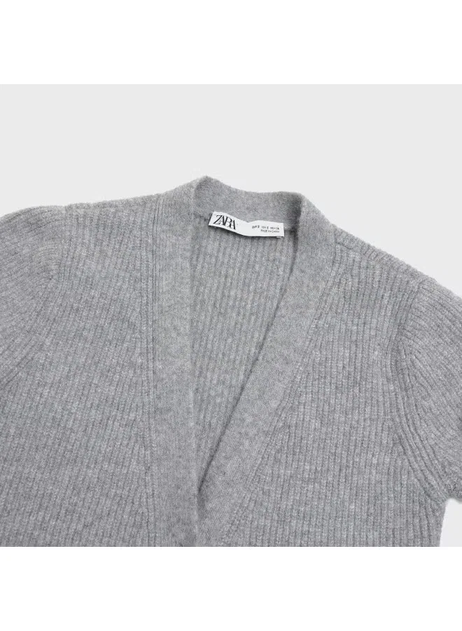 Кардиган длинный вязаный с V-образным вырезом Zara, серый — фото 4
