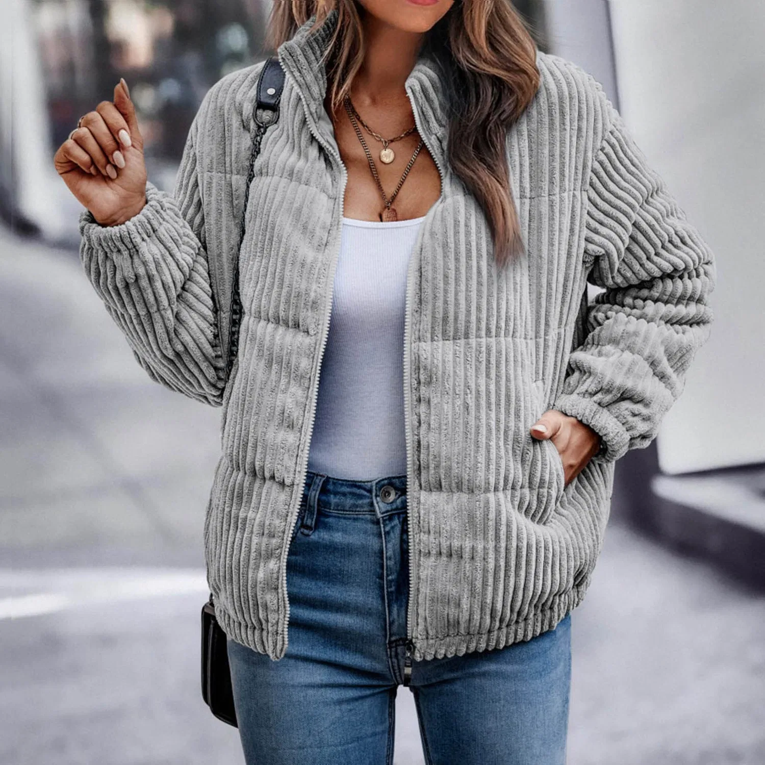 Женская куртка-бомбер на молнии с принтом, Corduroy Lightweight Quilted Bomber, Grigio — фото 4