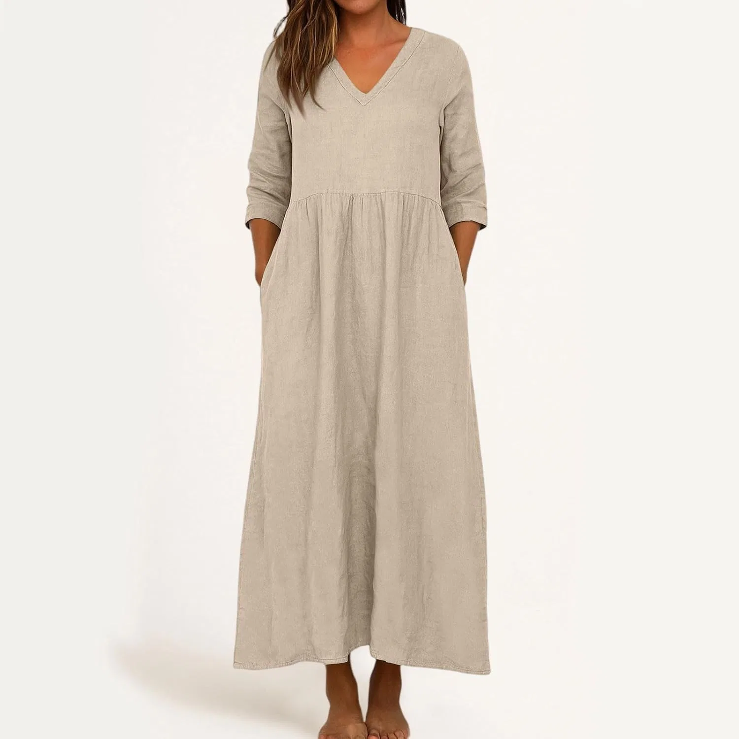 Женское платье миди V-образным вырезом cotton linen dress, Beige — фото 2