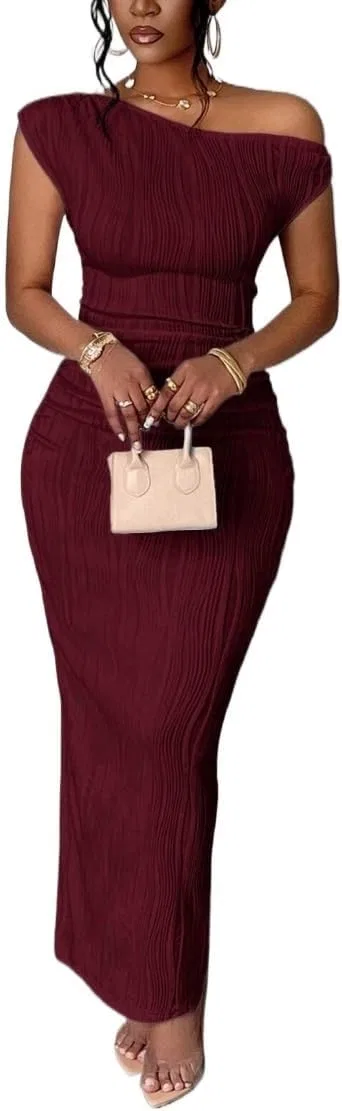 Женское элегантное макси-платье с одним плечом, Bodycon, Burgundy