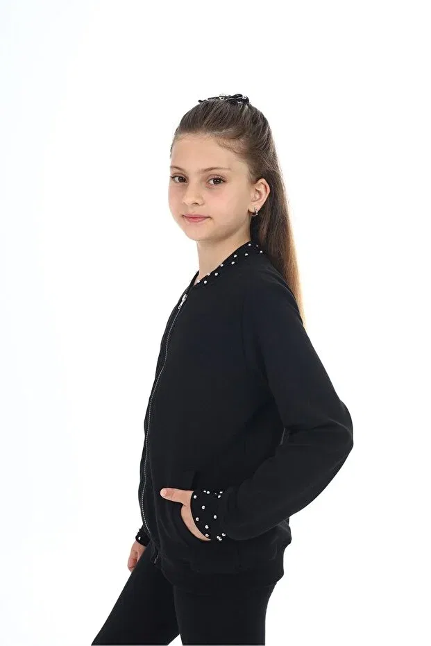 Детский кардиган для девочек с принтом Black Girls' College Collar Zippered Pocket Beaded Knitted Cardigan - 2 Thread Toontoy, Black — фото 4