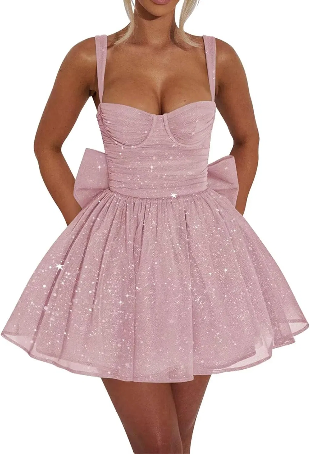 Женское короткое платье с пайетками Sweetheart Prom Cocktail Party Gown with Bow, Light Pink