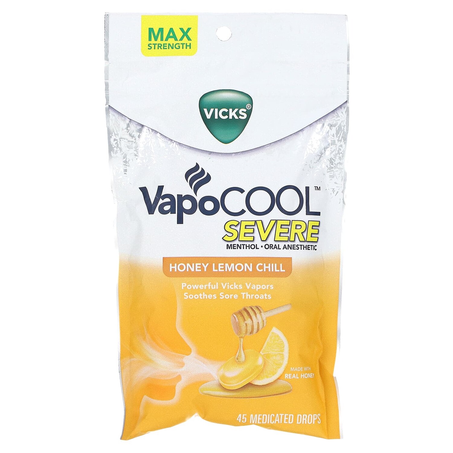 

VapoCool, Severe, мед и лимон, 45 лечебных капель Vicks