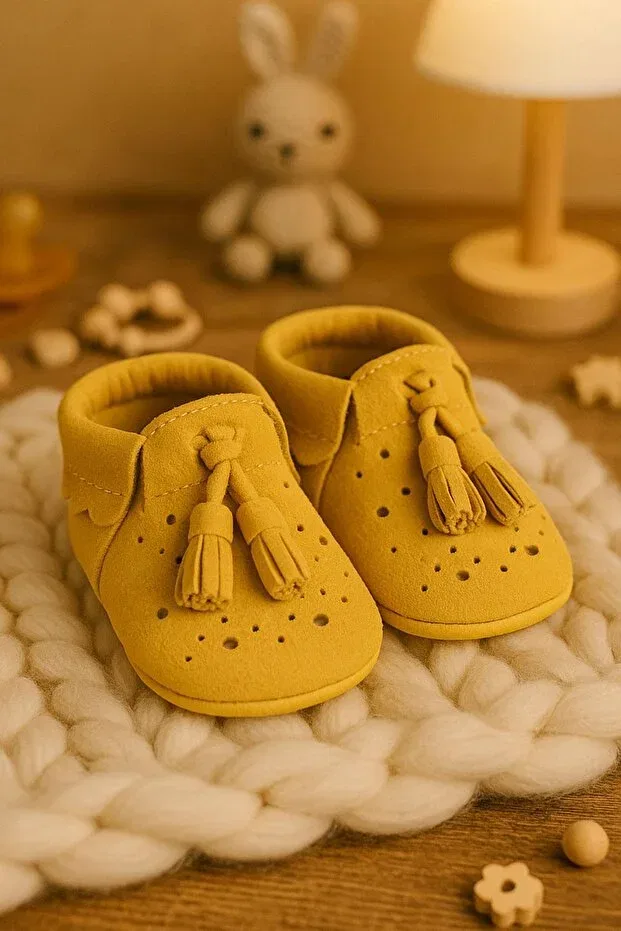 Детские ботиночки для девочек с кисточками Peppa genuine leather yellow tasseled elastic baby booties Hapshoe, Yellow — фото 2