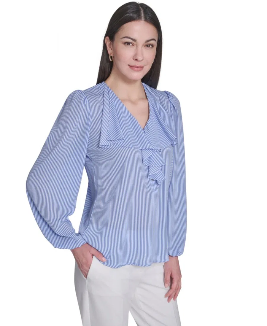 Блуза с V-образным вырезом, с рюшами и длинным рукавом Tommy Hilfiger, French Blue/Ivory