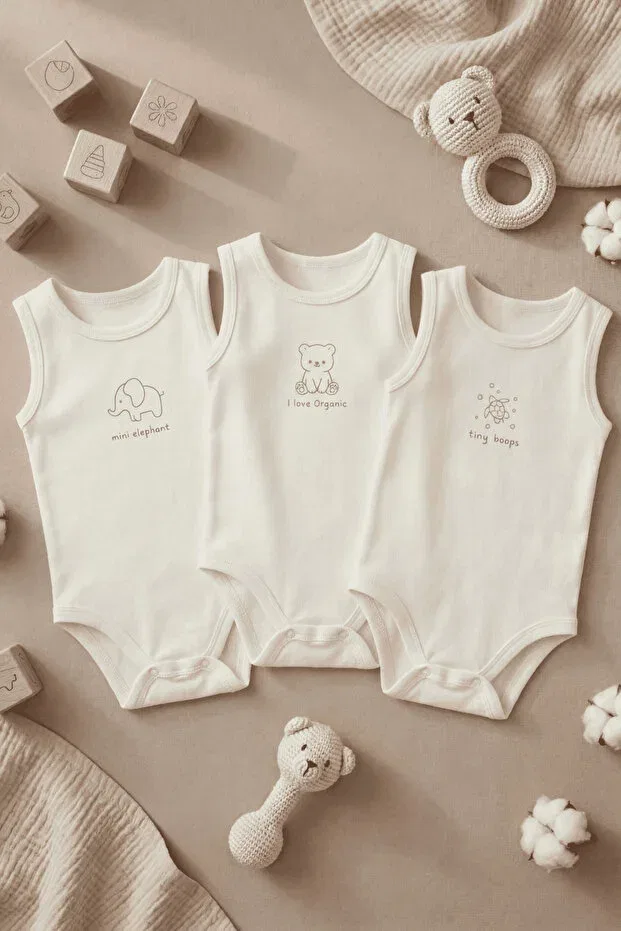 Детское боди-комбинезон для девочек с принтом 3-предметный набор i love organic cute printed Vitmo, Ecru