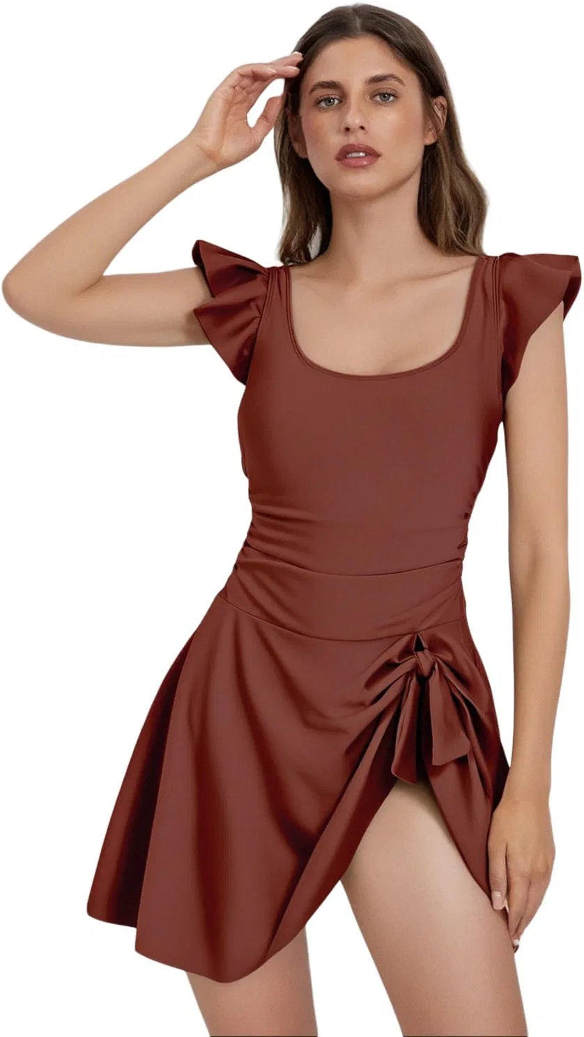 Женское слитное платье-купальник с U-образным вырезом, Black/Maroon