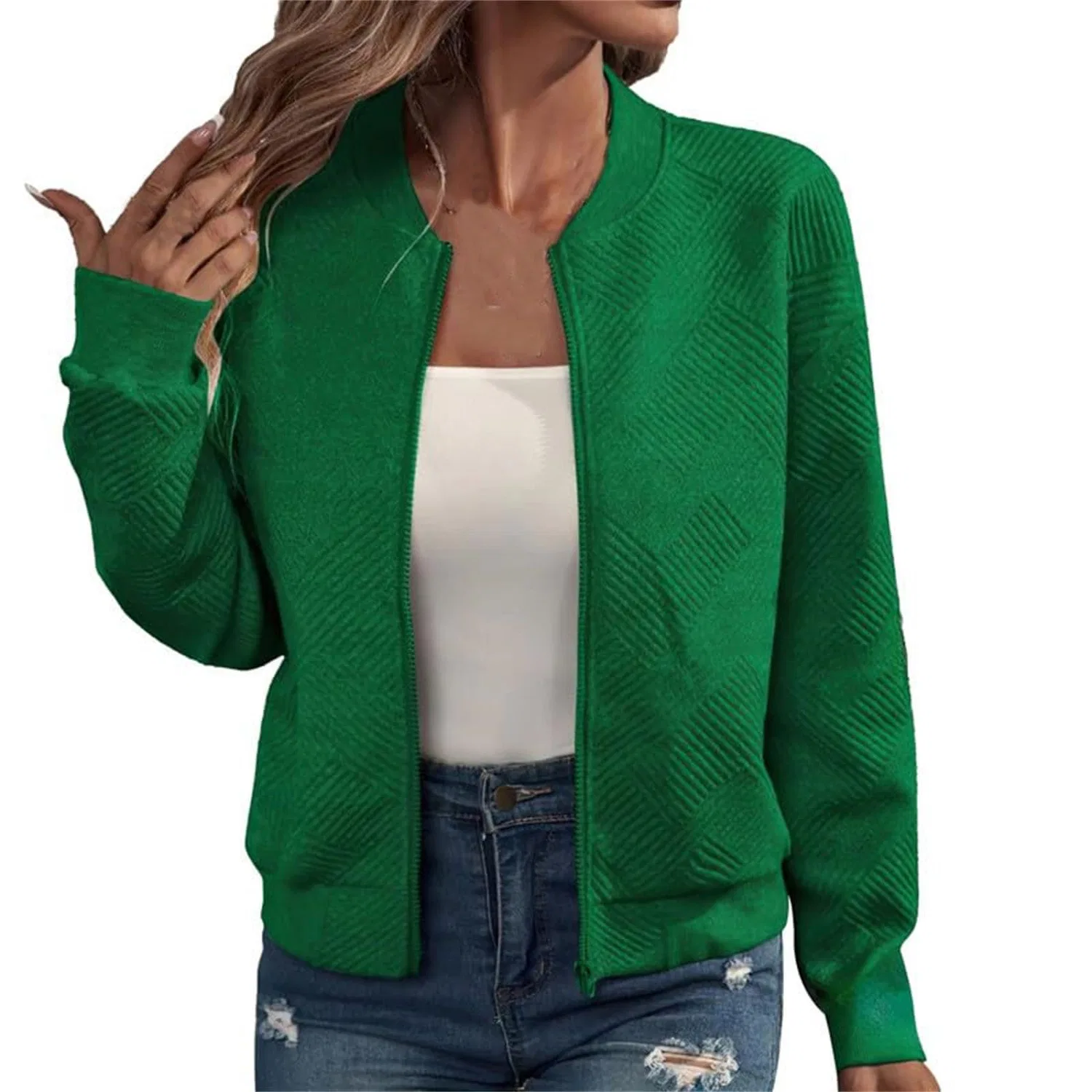 Женская куртка-бомбер с принтом жаккард Bomber Jackets Women Elegant Knitted Jacquard Zip Up Flight Jackets, green