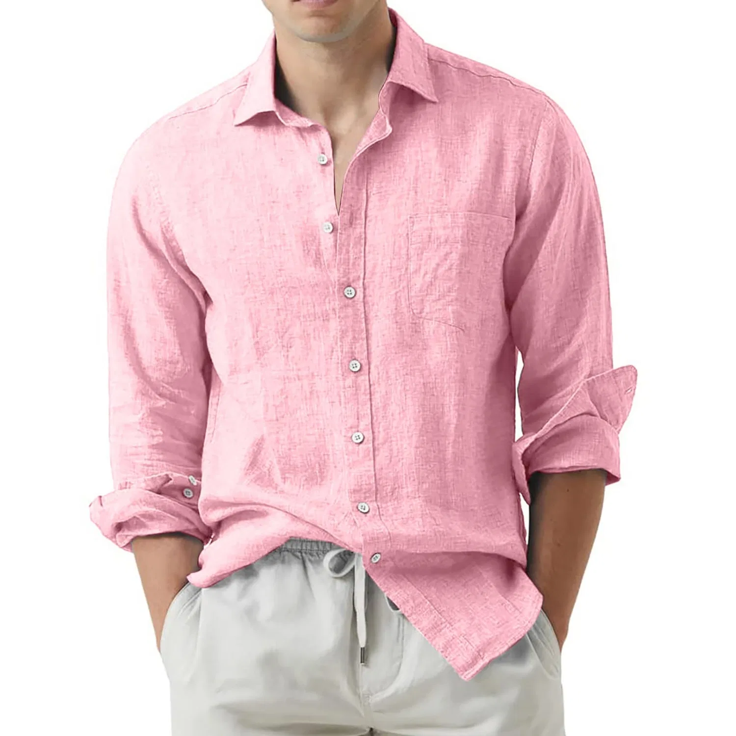 Мужская льняная рубашка с длинным рукавом Grandad Collar, Red