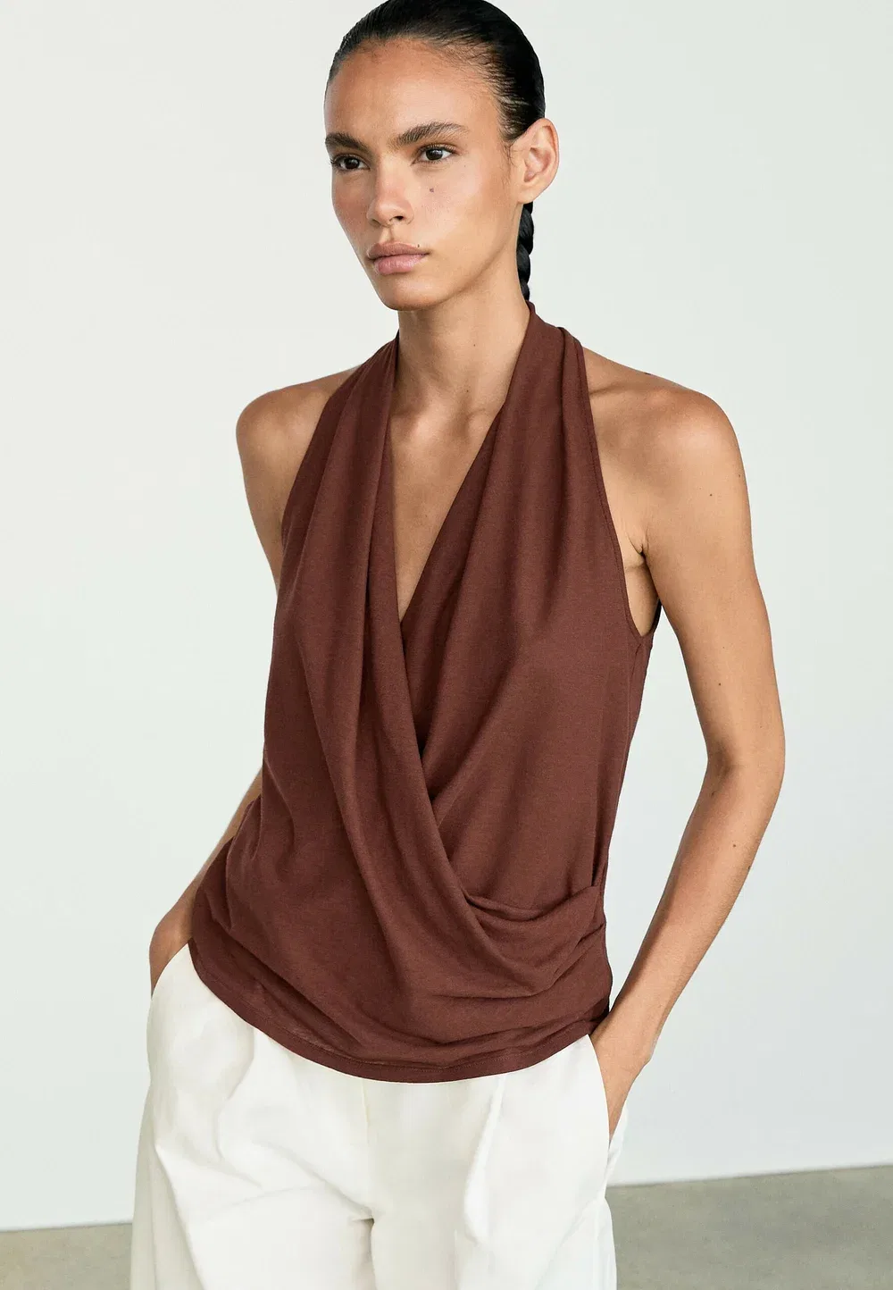 Топ с драпировкой и запахом из 100% хлопка Massimo Dutti, Mottled Dark Red