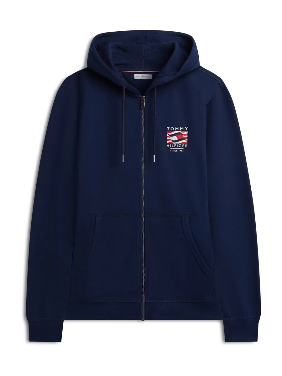 Худи на молнии TOMMY HILFIGER с вышивкой флага и французской застежкой-молнией, темно-синего цвета