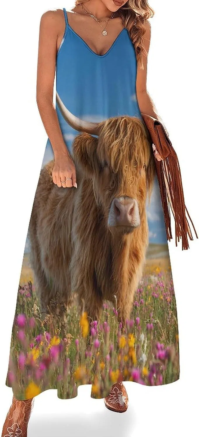 Женское пляжное платье-макси с регулируемыми бретелями Highland Cow Flowers, Style