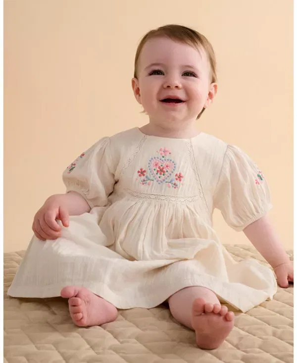 Детское платье с вышивкой Puff Short Sleeve Purebaby, Cloud — фото 2