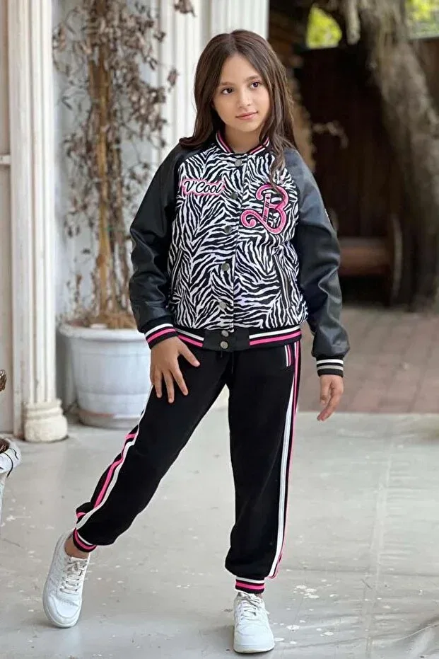 Детский комплект для девочек с принтом v cool writing printed sweatshirt zebra and pink striped detail leather tracksuit set Riccotarz, Pink
